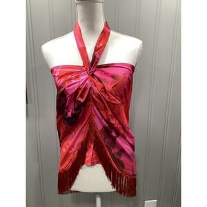 PRETTYLITTLETHING Red Pink Floral Halter Fringe Top Women's Size US 0